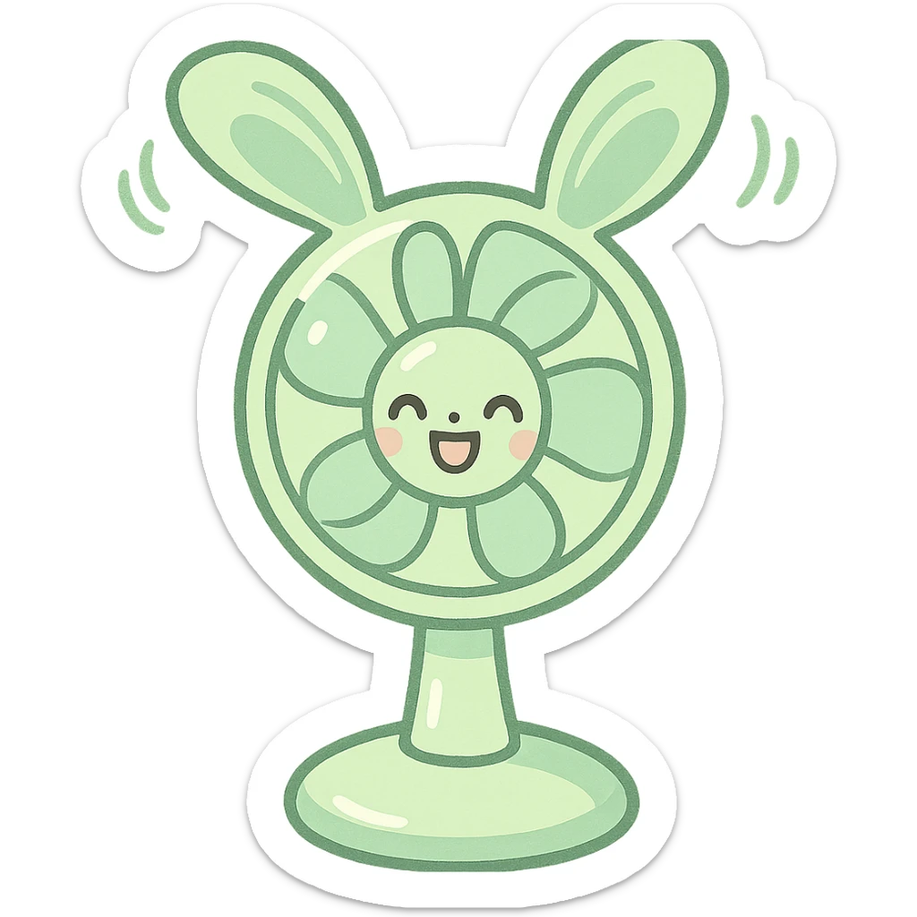 chibi electric fan shaped like a bunny, ears spinning as blades, pastel green, cheerful face, full-body sticker