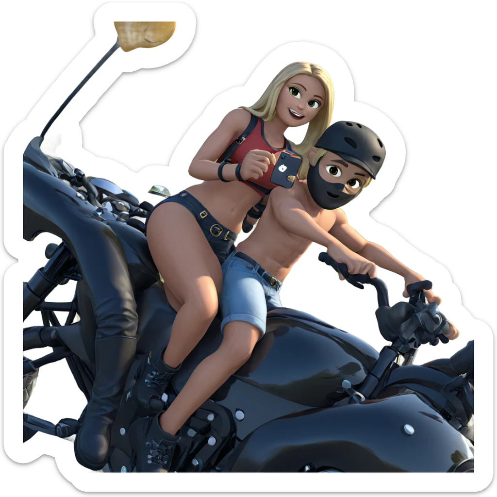 blonde duo with motorcycle outdoors sticker