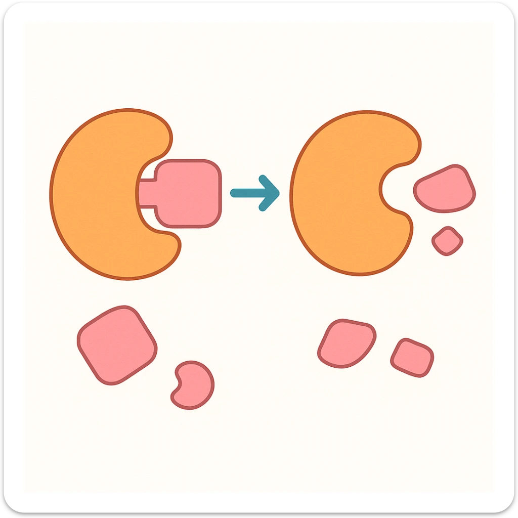 Ultra-detailed scientific illustration  (like in a school book) of enzyme digestion. Macro molecular view, clean white background, no text, no human figures or cartoon characters. Purely biological focus. sticker