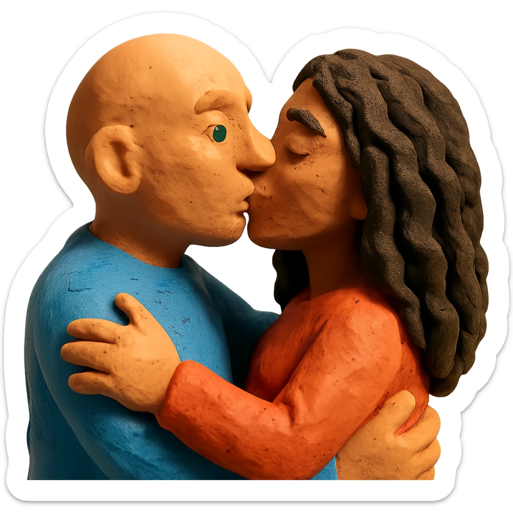 caucasian bald man with green eyes and caucasian woman with long curly dark hair and brown eyes kissing, claymation style sticker