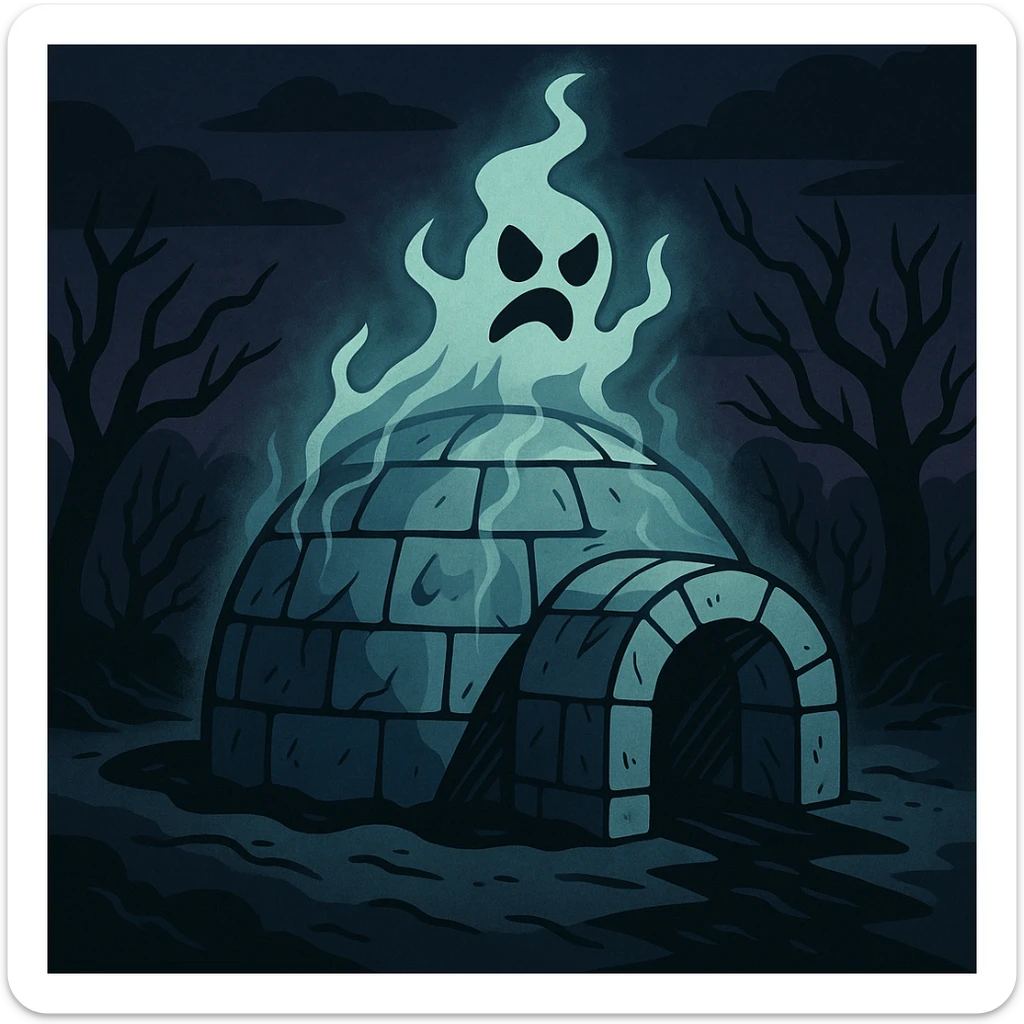 a haunted igloo with a ghostly aura and eerie shadows, dark cartoon style, spooky and mysterious sticker