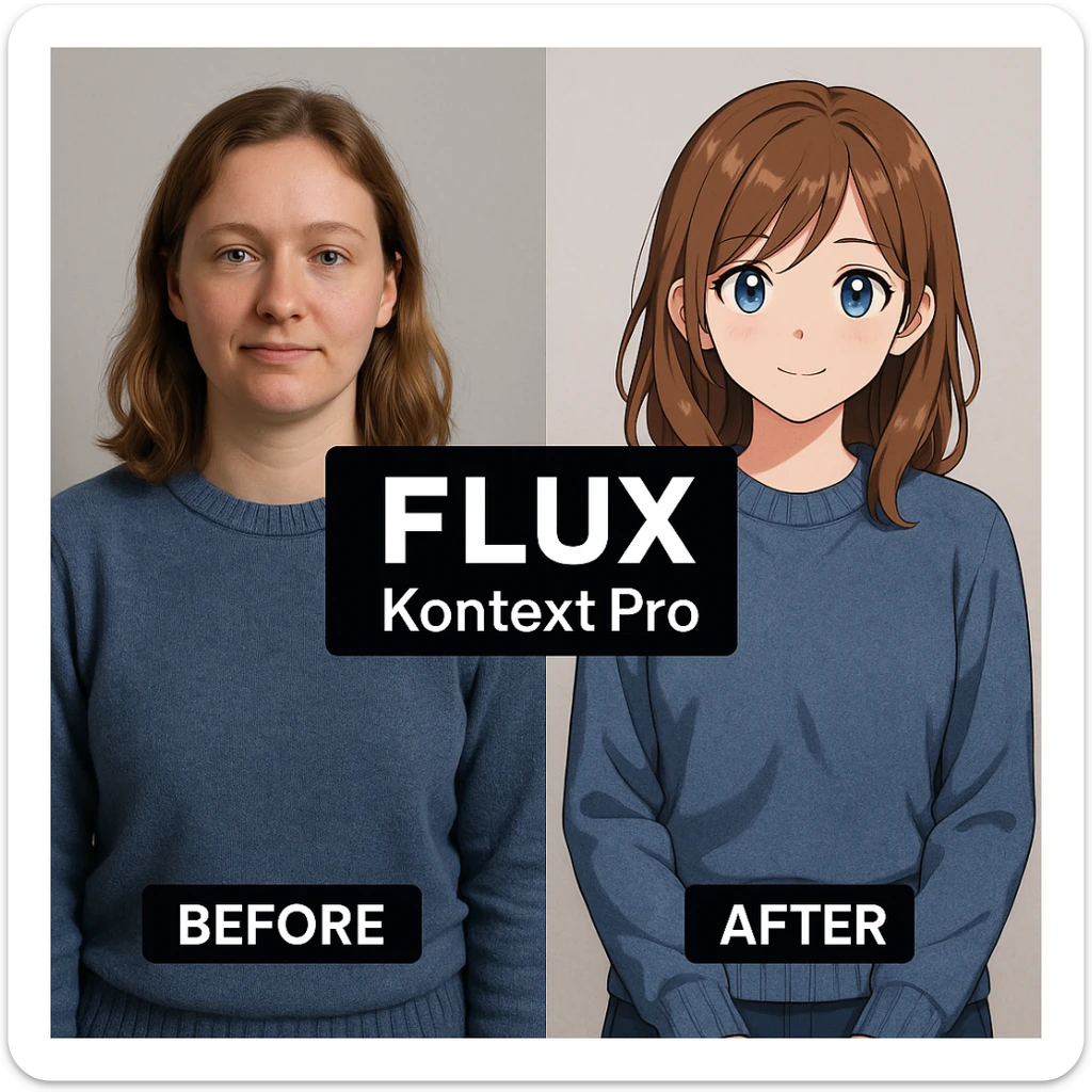 create before after image of a girl before is realsitic photo, after is anime version of her in same pose and clothes, add logo with text of a "FLUX Kontext Pro" in middle in big, black background sticker