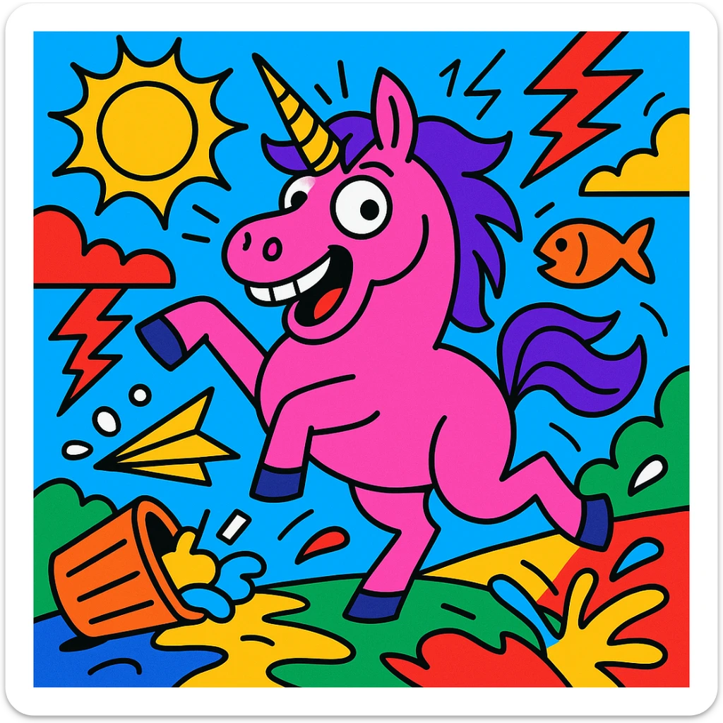 silly neon pink unicorn, wild scene, playful mayhem, bold lines, cartoon style, vibrant colors sticker