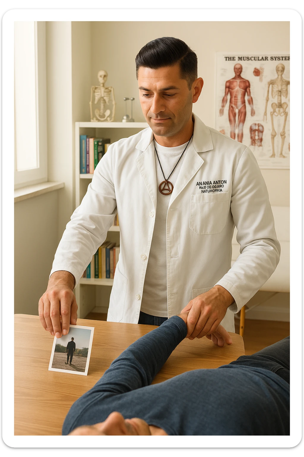 a middle-aged man, dressed in casual professional attire, is in a bright, organized therapy studio. Durante una visita di kinesiologia, il praticante tiene con una mano la foto di una persona lontana (il “testimone”) appoggiata su un tavolo, mentre con l’altra mano esegue un test muscolare su un cliente presente. Sullo sfondo si vedono libri di kinesiologia, poster anatomici e strumenti tipici della disciplina. L’atmosfera è concentrata e serena, con luce naturale che entra dalla finestra, sottolineando l’aspetto alternativo e umano della pratica. sticker