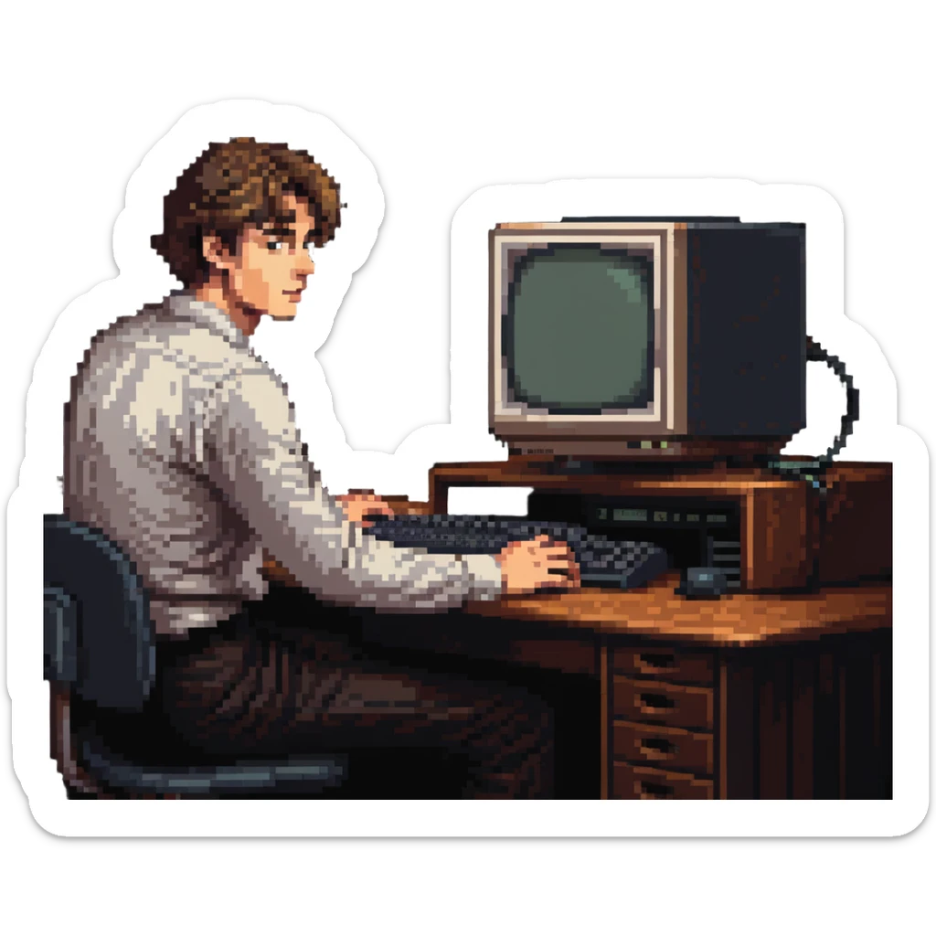 Young man sitting at desk with vintage desktop computer with large CRT monitor sticker