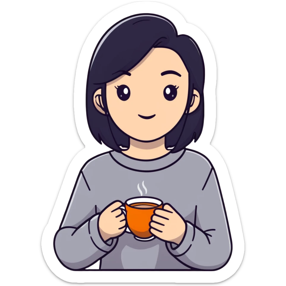 white girl with black hair, self care moment, holding a cup of tea, relaxed sticker