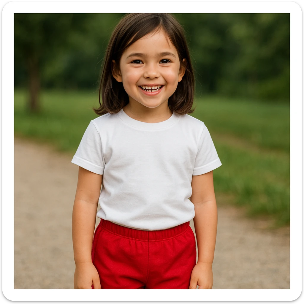 Make the girl's outfit red shorts and a white short-sleeved t-shirt sticker