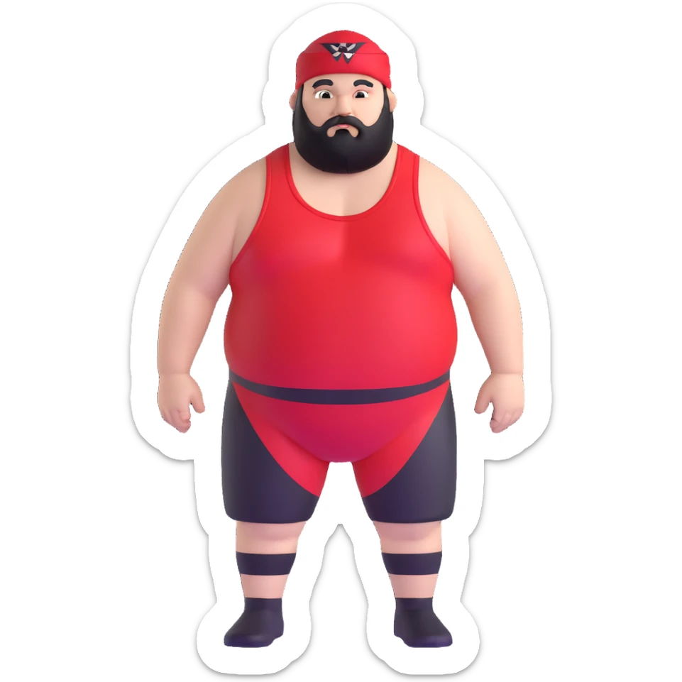White skin fat guy with black durag and black beard in a red and black wrestling singlet sticker