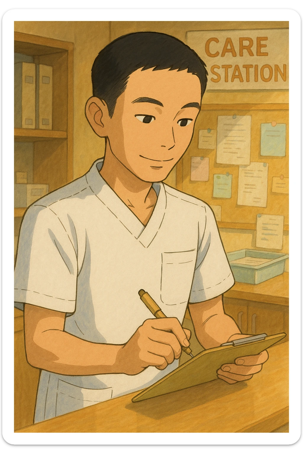 Étudiant infirmier en style Ghibli, travaillant dans un poste de soin, portant un uniforme blanc à manches courtes sans pied de col ni stéthoscope, haut de type tunique médicale avec col en V et poche poitrine à gauche, pas de tissu dépassant des manches, inspiré de la personne sur la photo, ambiance chaleureuse et collaborative. sticker