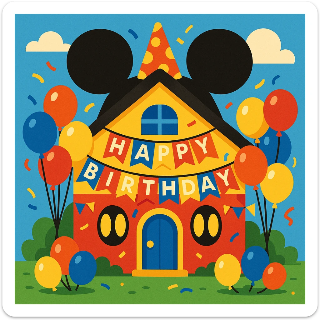 Mickey Mouse themed birthday house, decorated with balloons and party banners, festive cartoon style sticker