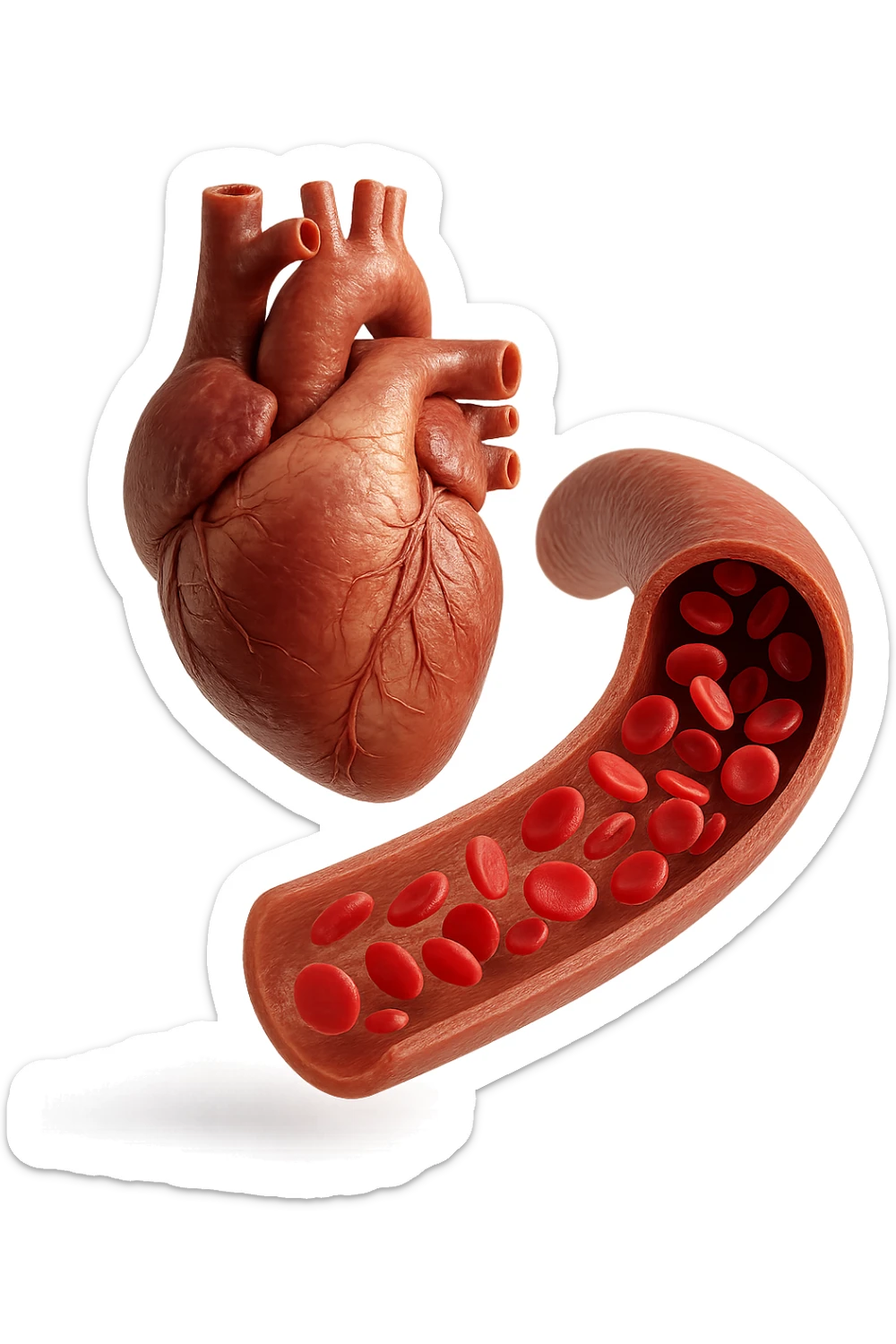 cuore anatomico umano fluttuano in aria insieme ad una vena umana con globuli rossi , iperrealistiche 4k sticker