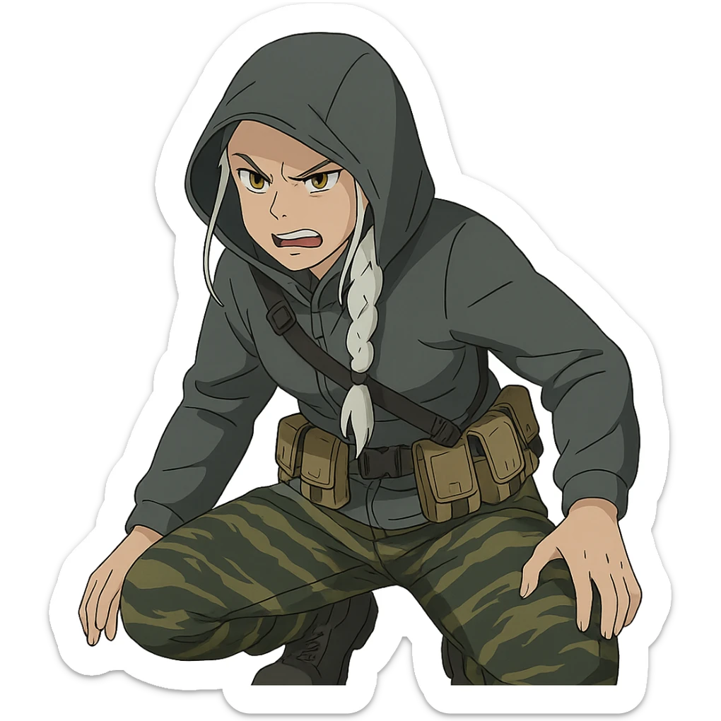 1 female, mid-20's  white hair long braid, gold yellow eyes, gray waterproof tactical shirt hoodie, hood up, single point sling, tan mag pouches on belt rig, tiger stripe camo pants, crouching, angry expression sticker