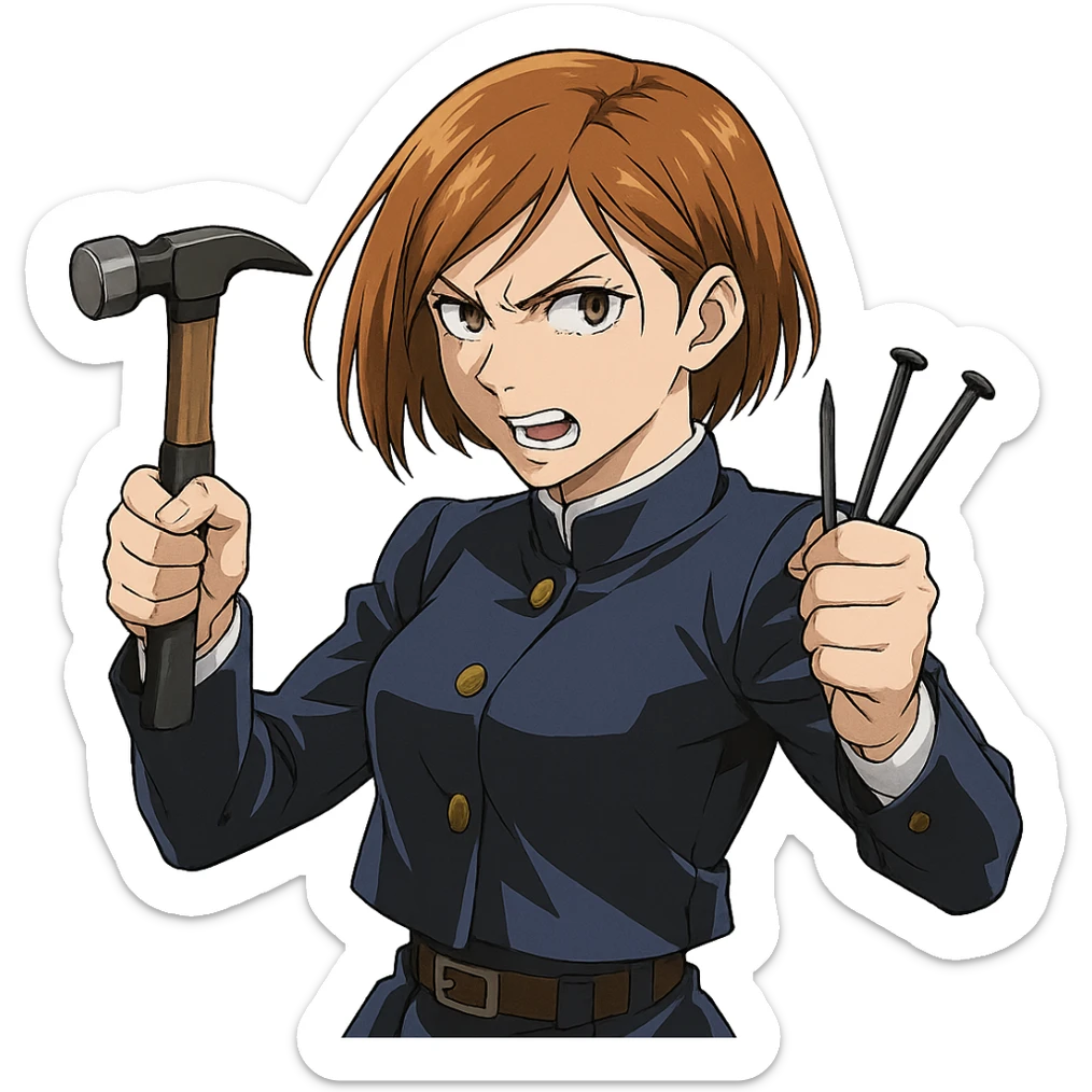 Nobara Kugisaki from Jujutsu Kaisen, short brown hair, holding hammer and nails, fierce expression, anime style sticker