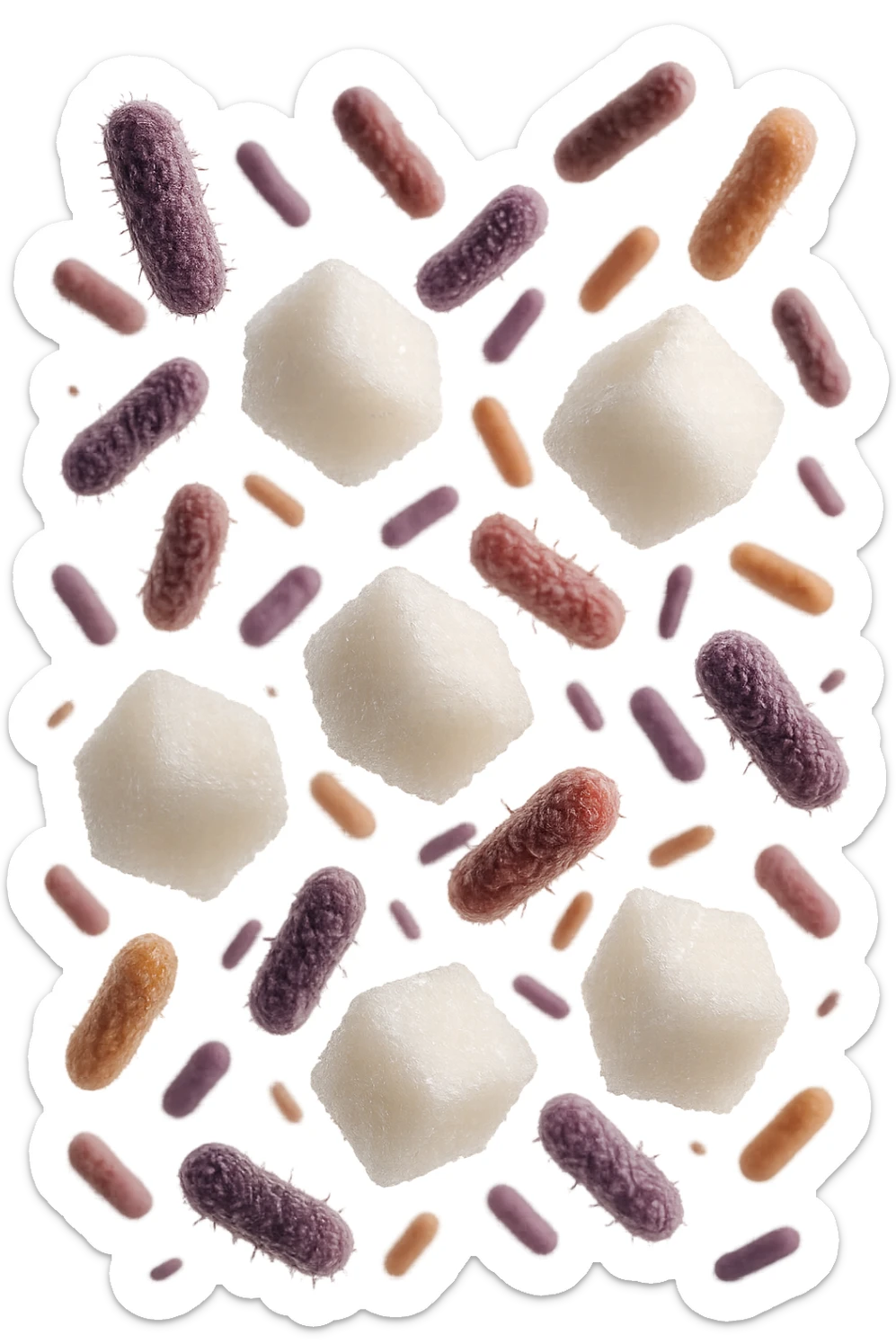 ZOLLETTE DI ZUCCHERO FLUTTUANO IN ARIA INSIEME A BATTERI INTESTINALI REALISTICI
IPERREALISTICO 4K, SFONDO BIANCO sticker