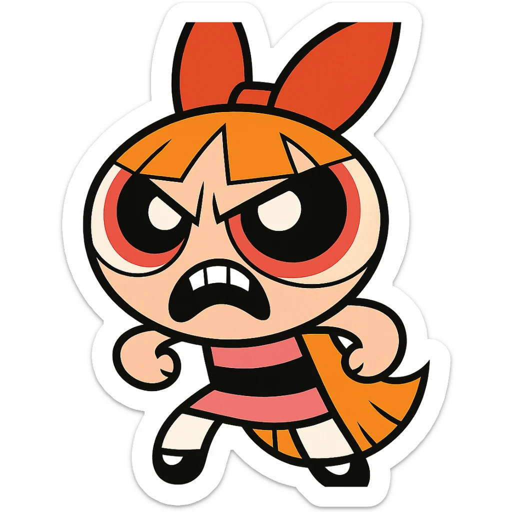 Blossom, cartoon girl with big eyes and a bow, inspired by Powerpuff Girls, scary menacing expression, vibrant cartoon style sticker