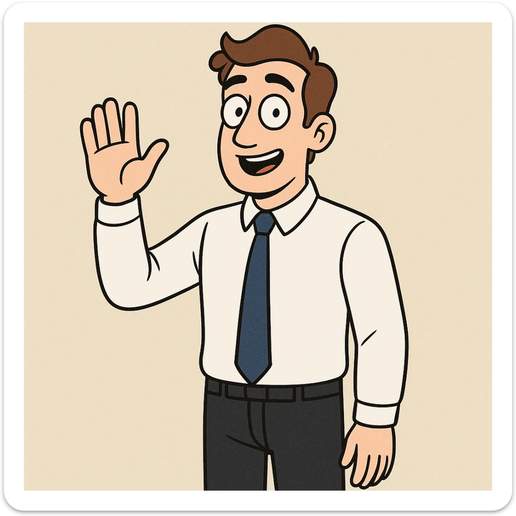 A man sky brown hair Marine Blue Colours Satin Tie White Whistler Classic Oxford Shirt black Apollo Flat Front Trouser hand to say hello sticker