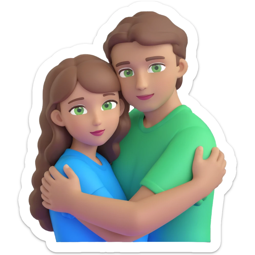 cute couple hugging, girl with light brown hair and green eyes, guy with brown hair and blue eyes sticker