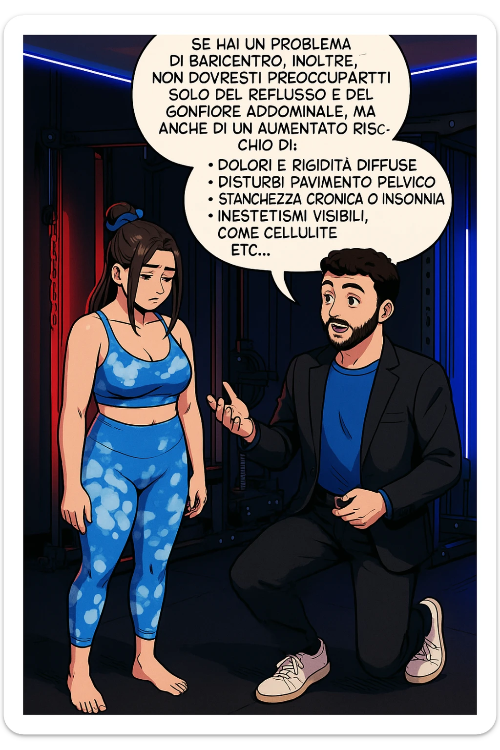 TRASFORMA QUESTO CAROSELLO IN UN FUMETTO STILE WEBTOON/MANGA A COLORI CON QUESTE DUE PERSONE IDENTICHE CHE INTERLOQUISCONO TRA LORO, L'uomo sta spiegando alla donna questo concetto:

Se hai un problema di baricentro, inoltre, non dovresti preoccuparti solo del reflusso e del gonfiore addominale, ma anche di un aumentato rischio di:
    • dolori e rigidità diffuse
    • disturbi pavimento pelvico
    • stanchezza cronica o insonnia
    • inestetismi visibili, come celluluite
    • etc… sticker