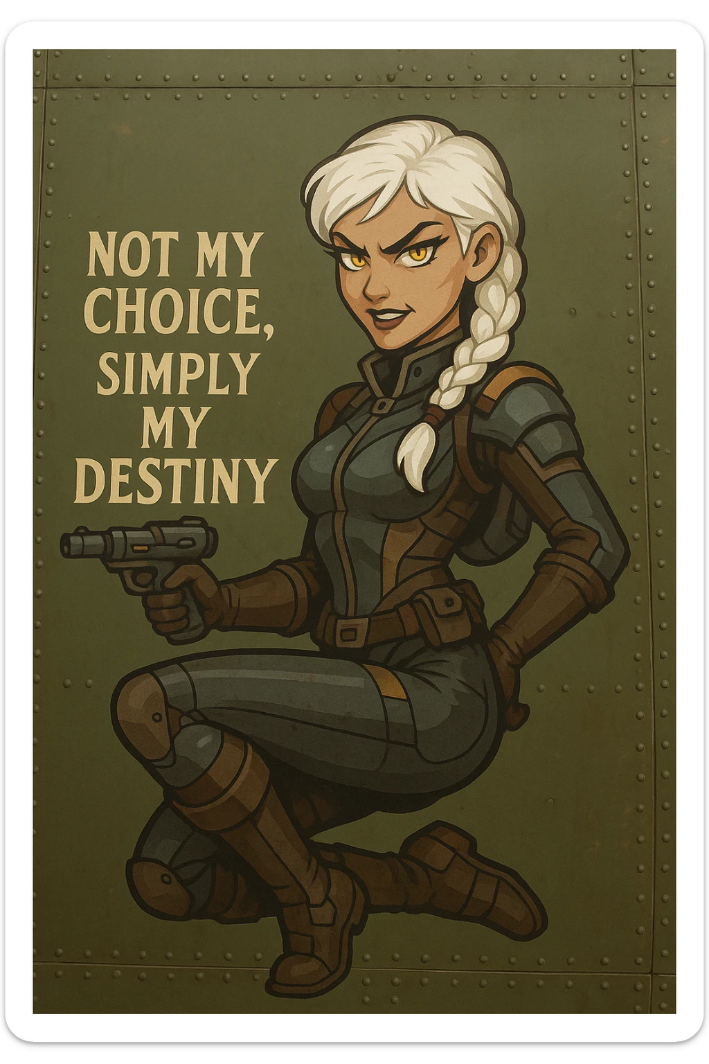 a retro military pinup fuselage decoration for the motto " not my choice, simply my destiny "
; female figure young and gorgeous, white hair 1 braid, gold yellow eyes, spacer, fierce, exo-rogue, menacing yet taunting sticker