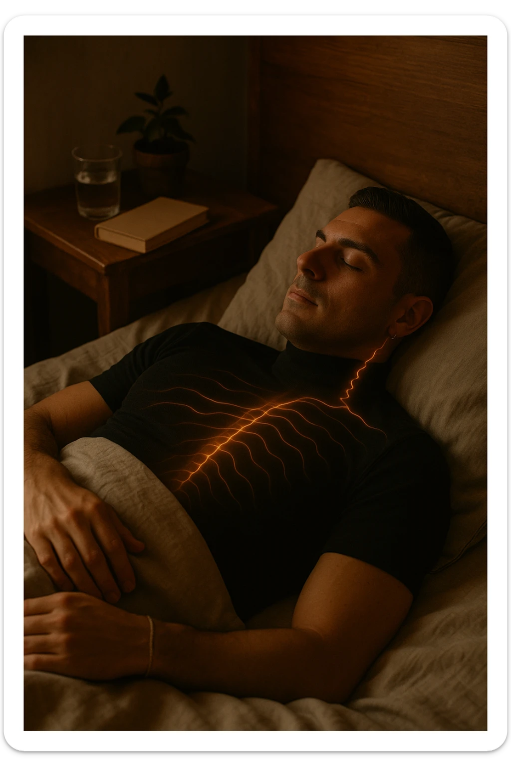 A cinematic close-up of a man in his early 30s sleeping peacefully on his back in a softly lit bedroom. His breathing is calm, chest rising slowly. The sheets are slightly crumpled, natural linen textures in warm beige tones. His face is relaxed, with faint light illuminating the side of his cheek and temple from a nearby window. Around his body, faint glowing lines follow the spine and head, symbolizing deep nervous system recovery and hormonal balance. On the nightstand: a glass of water, a book, and no electronics. The room is quiet and grounded, with natural elements like a small plant and a wooden headboard. Shot in 35mm cinematic style, with warm ambient tones, shallow depth of field, and a peaceful, healing atmosphere sticker