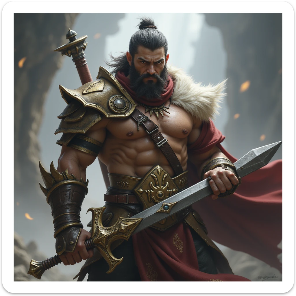 realistic fantasy style fierce League of Legends warrior with a weapon sticker