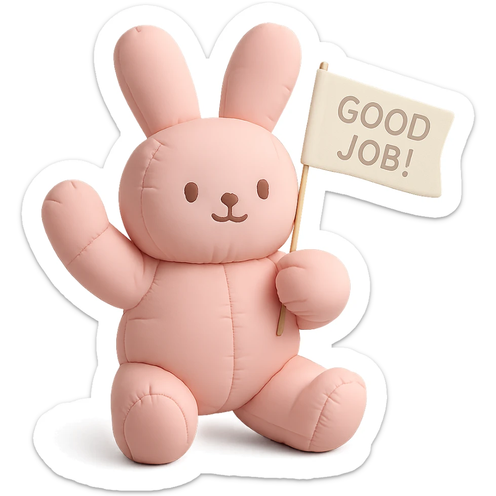 full-body baby pink bunny waving a 'Good Job!' flag, cushion style, transparent background, flag text clearly visible sticker