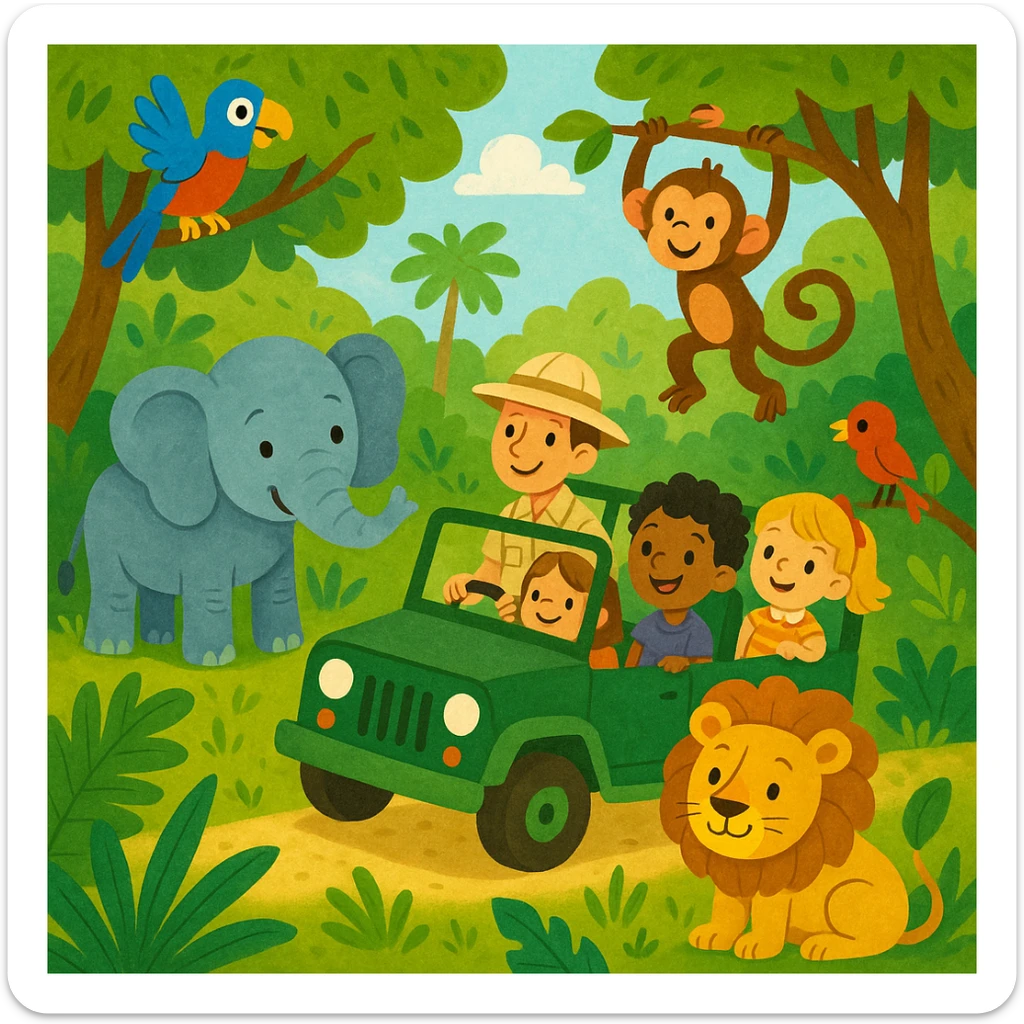 digital illustration of jungle safari in the style of children's story book sticker