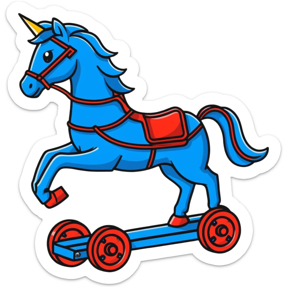 Fast running electric horse made of electricity, metal plates, bolts, visible blue and red wires, with lightning surrounding it sticker