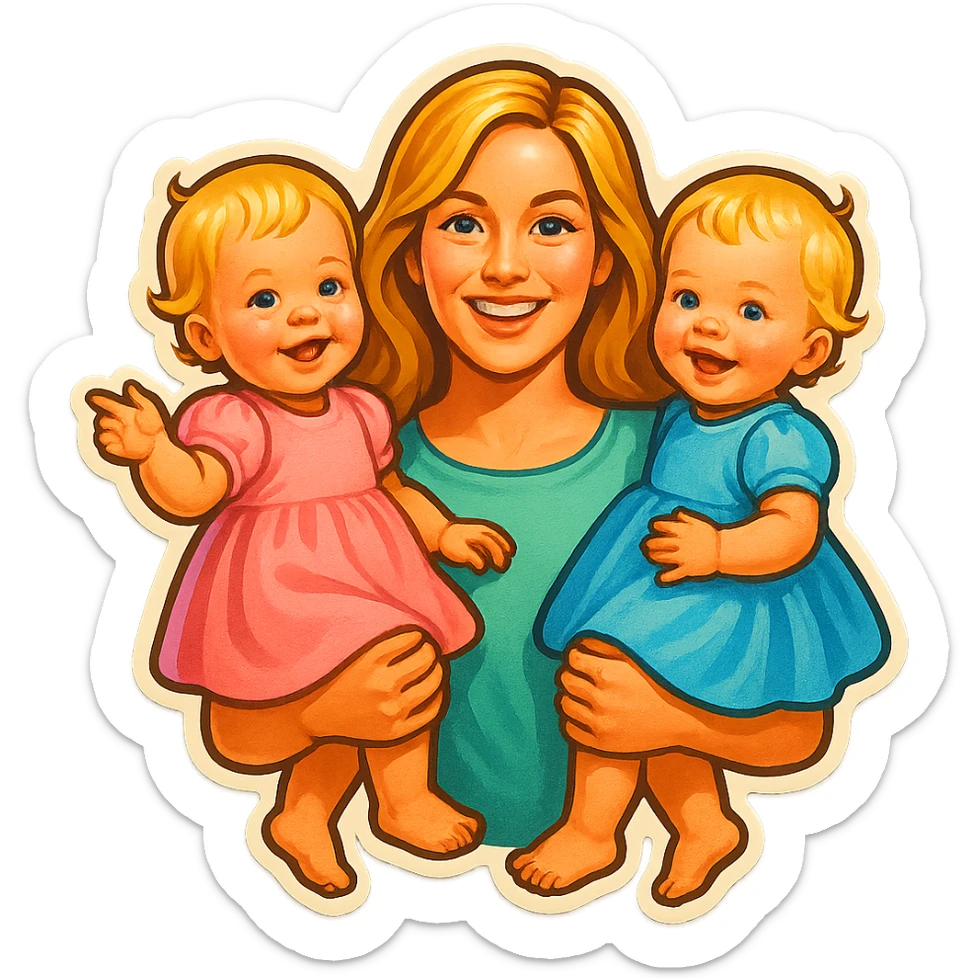 mother with long light hair and two one-year-old twin girls with short light hair on her arms, pastel dresses, retro stickers style, soft shadows, different variations sticker