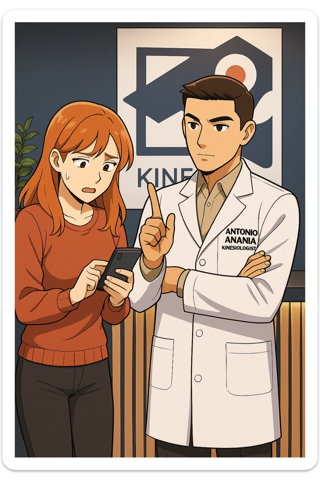 su questo stile fai un manga/webtoon a colori in cui una donna CONTROLLA LO SMARTPHONE MENTRE PARLA CON L'UOMO, l'uomo della foto in stile manga LE DICE DI "NO" CON IL DITO, mantieni un ambiente simile alla foto che ho allegato con il suo logo (sarebbe il suo studio, lui è un kinesiologo), scrivigli "ANTONIO ANANIA" sul camice bianco, non mettere fumetti, ma fai in modo che sembri che la donna CONTROLLI LO SMARTPHONE E L'UOMO CON I GESTI LE FACCIA CAPIRE CHE STA SBAGLIANDO sticker