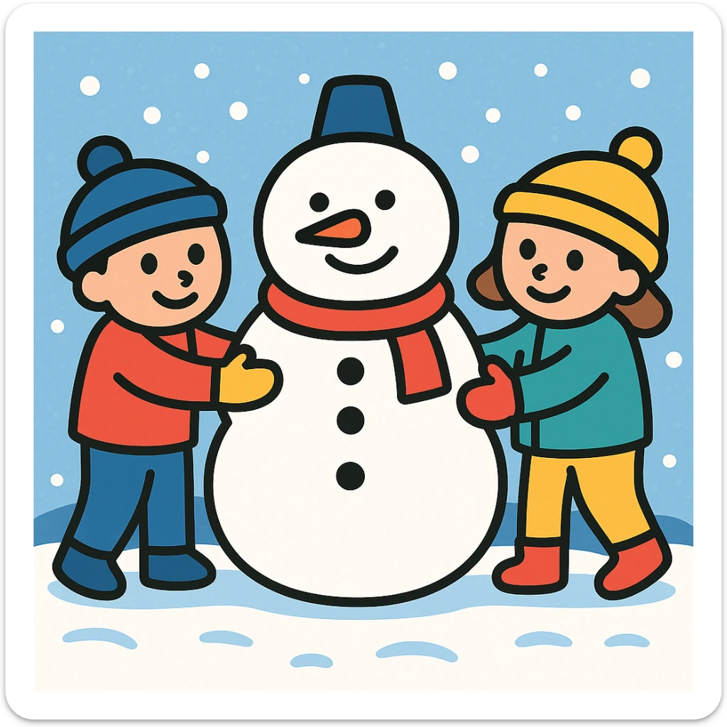 Add a snowy background behind the kids building a snowman, keep the original color outline icon style sticker
