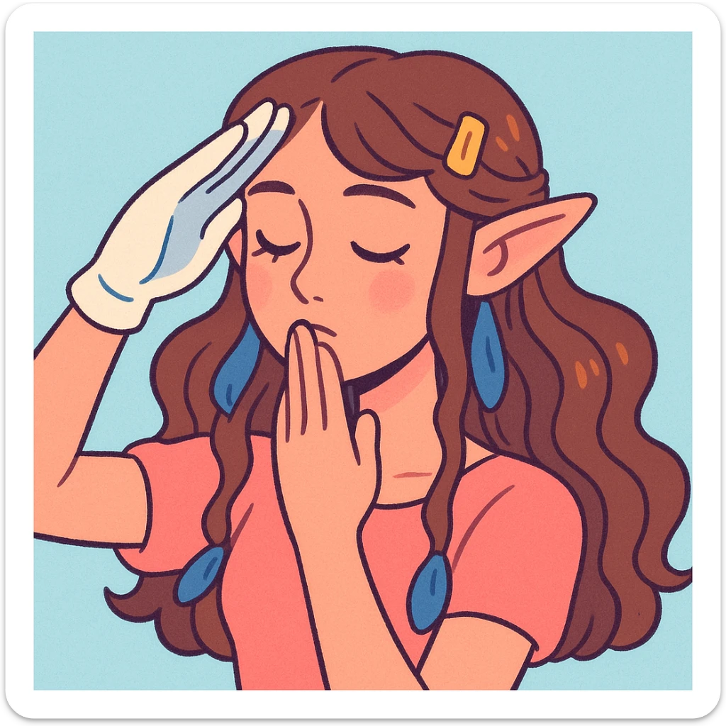 soft pastel digital portrait of a young woman with long wavy brown hair, golden clips, blue ribbons, textured light blue background, pointy ears, closed eyes, gentle blush, subtle glow, right hand in white glove raised in military salute, serene contemplative expression, gentle touch to lips emphasizing intimacy and vulnerability sticker