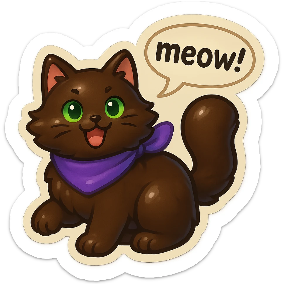 Fluffy cute playfull silly smiling happy dark-brown cat with green eyes and a purple scarf saying ‘mEoW~!’ (With a speech bubble) sticker