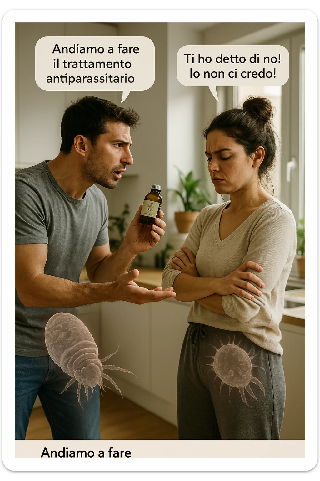 A highly realistic, cinematic photo of a young couple in their early 30s having an argument in a bright modern kitchen. The man, athletic build, wearing a casual T-shirt and jeans, is speaking firmly with a raised hand holding a small amber glass bottle labeled with a subtle herbal symbol, saying 'Andiamo a fare il trattamento antiparassitario' with a determined expression. The woman, with long dark hair tied in a messy bun, casual home outfit, crosses her arms with an angry, defensive expression, replying 'Ti ho detto di no! Io non ci credo!' while slightly turning away. Tension is visible in their body language, with the man leaning forward trying to explain and the woman leaning back, her eyebrows furrowed. Around them, subtle ghostly overlays of microscopic parasites are faintly visible near their abdominal areas, symbolizing the hidden reason for the argument. The kitchen is bright and modern with plants and natural light, contrasting the emotional tension. The style is hyperrealistic with warm tones and shallow depth of field focusing on their facial expressions, illustrating the conflict between belief in natural treatments and skepticism within the couple regarding hidden parasitic infections. in italiano sticker