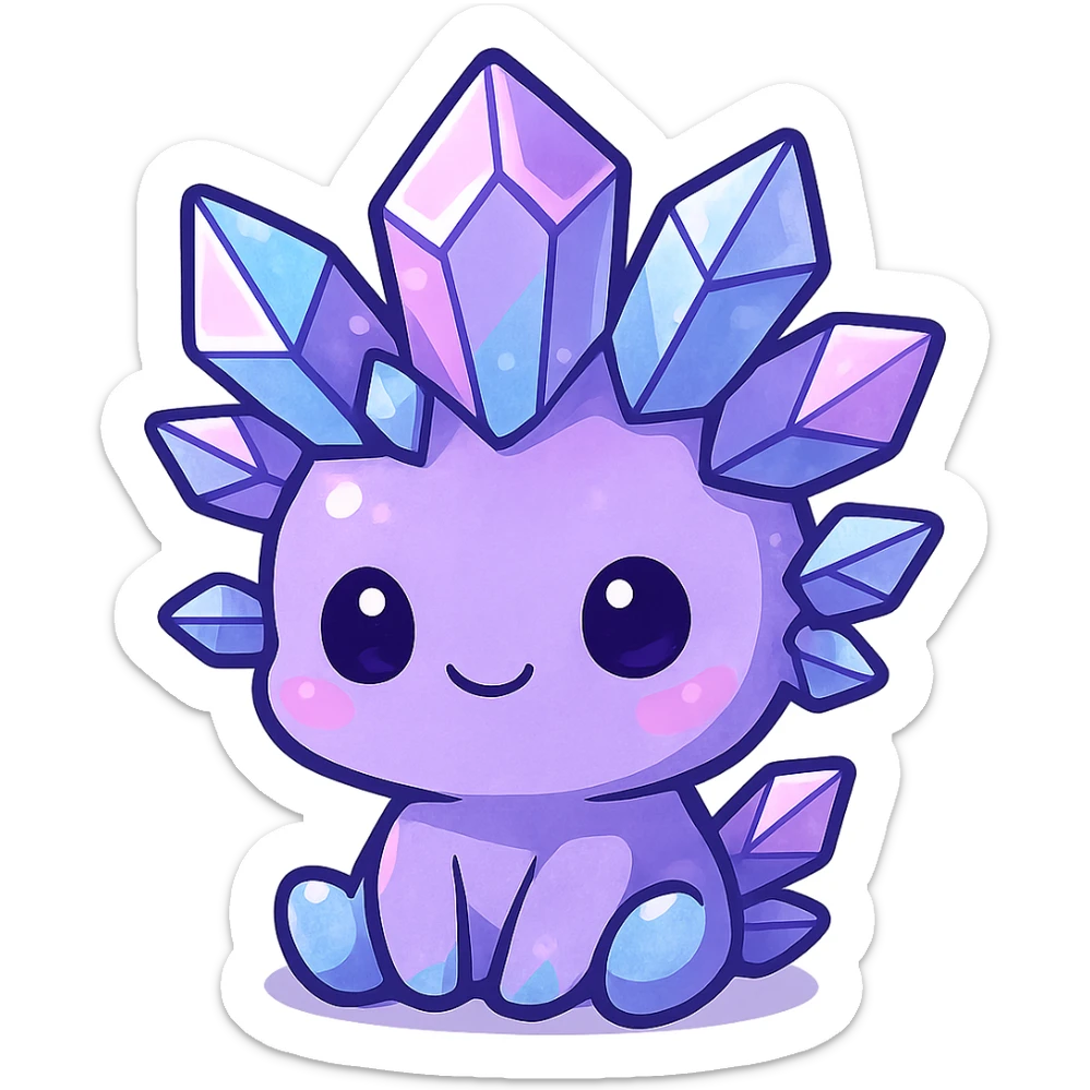 chibi kawaii crystal sprite creature in purple, blue, and pink colors, sitting pose, cute and adorable sticker