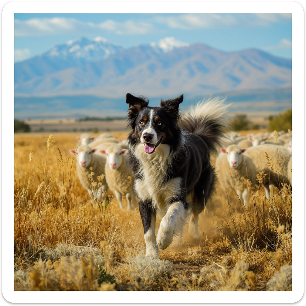 Border Collie in Argentinian countryside, photorealistic, herding sheep, vivid landscape sticker