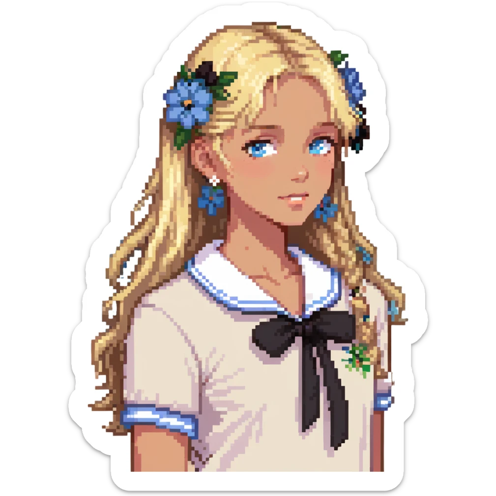 preppy coastal teen girl with blue eyes, beach blonde hair, tan skin, small flowers in her ear, preppy beach outfit sticker