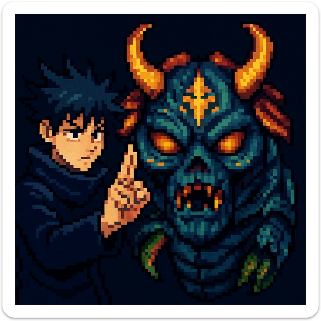 Add Megumi Fushiguro in a summoning pose next to Mahoraga in a pixel art style with a retro video game look, both characters visible. sticker