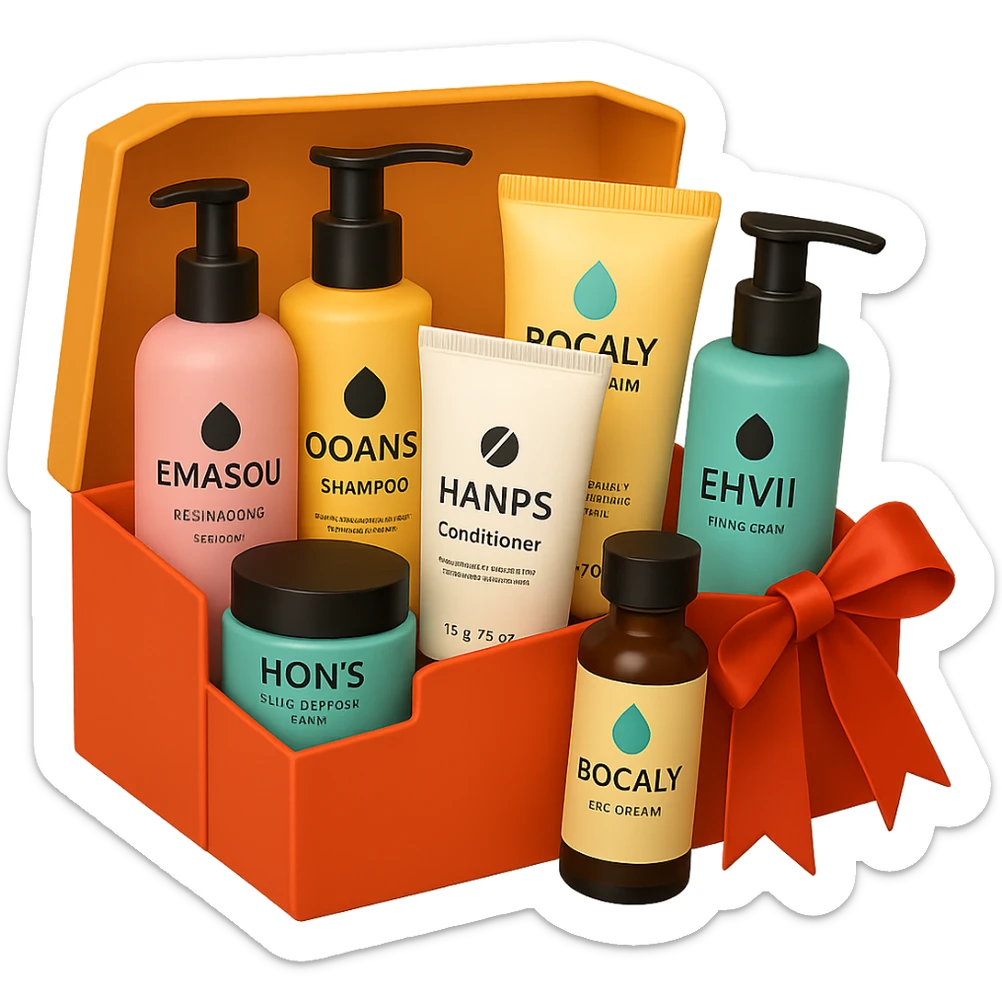 emoji of Gift box with beauty products (shampoo, creams, styling products), a gift box is beautyful open box full of luxury brand-labeled beauty products, with no background, different box shape sticker