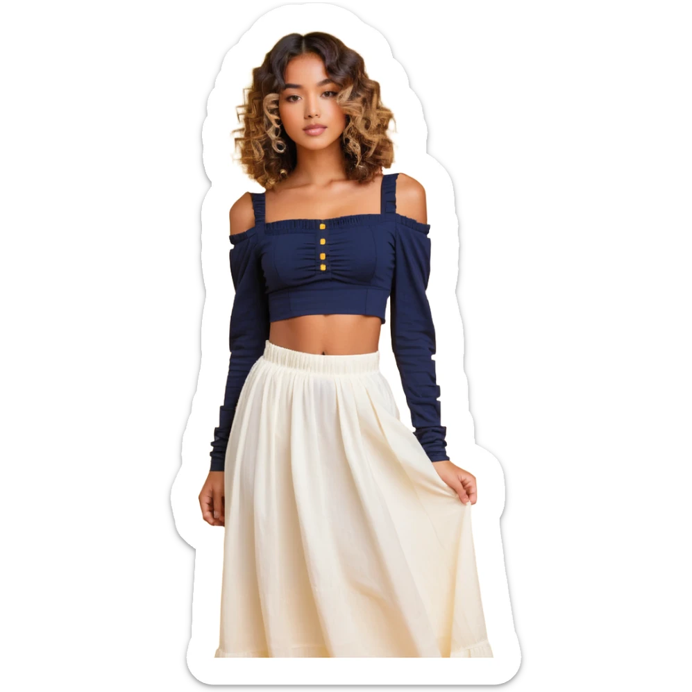tan girl with wavy hair, white long skirt, navy blue ruched square neck crop top sticker