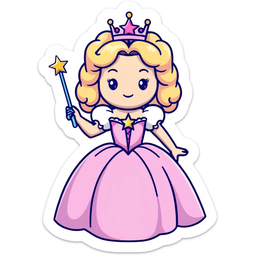 Glinda the Good Witch with long blonde curly hair, sparkling tiara, puffy pink ballgown, and magic wand with star sticker
