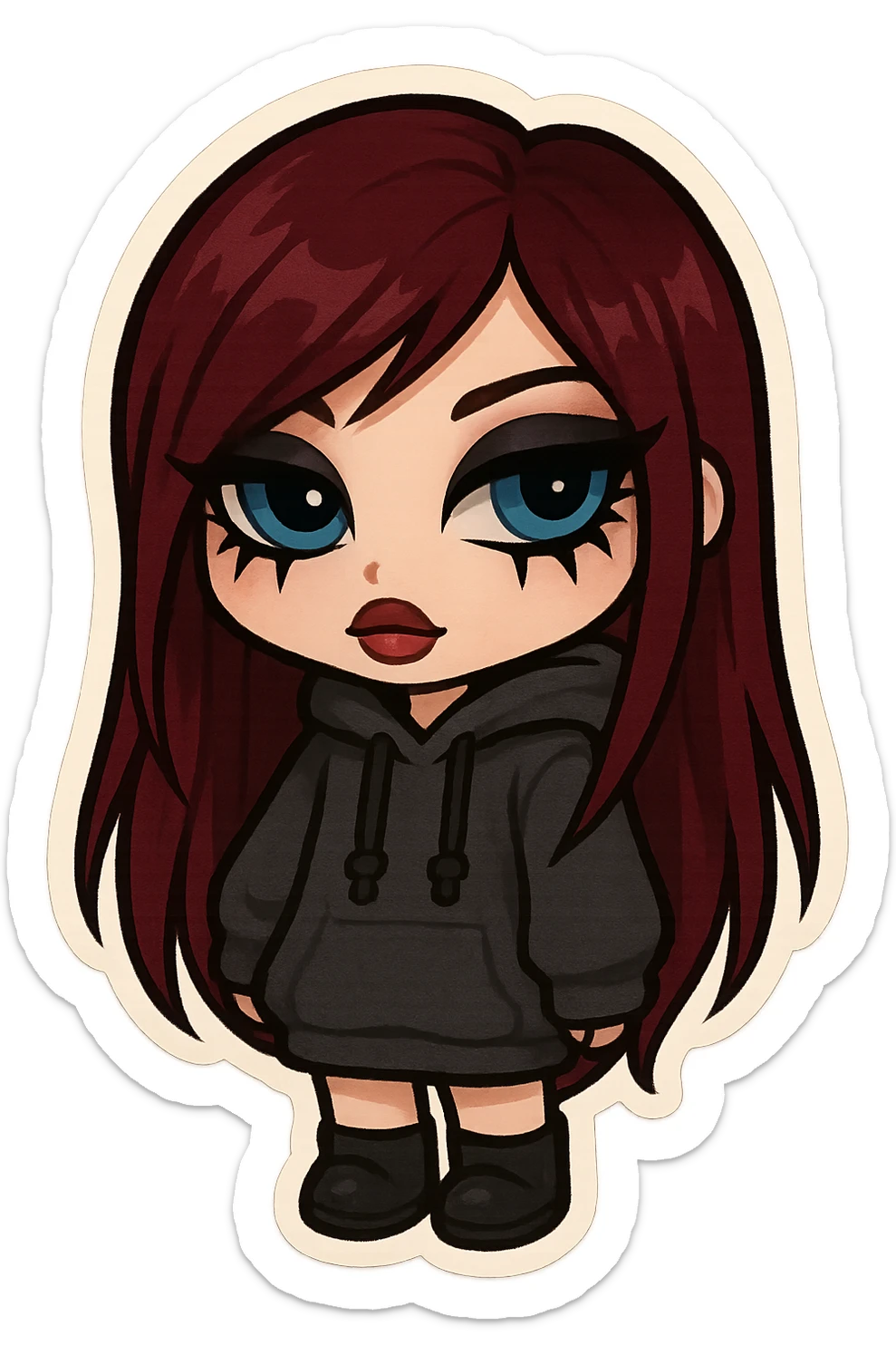 bratz-inspired emo girl, burgundy long hair, pale skin, blue eyes, dramatic eyeliner, oversized hoodie, chibi sticker style sticker
