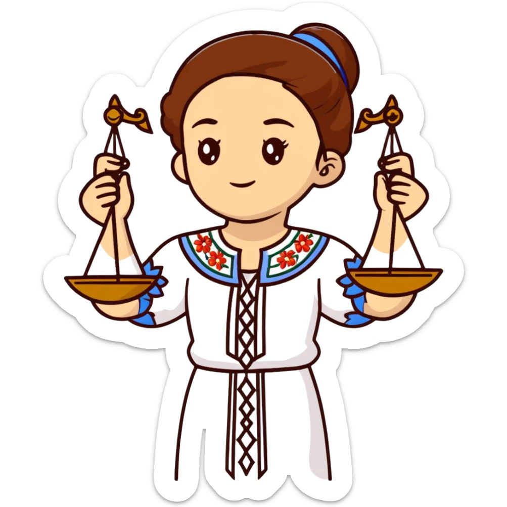Ukrainian girl with brown hair wearing traditional embroidered shirt (vyshyvanka) holding scales of justice in her hand sticker