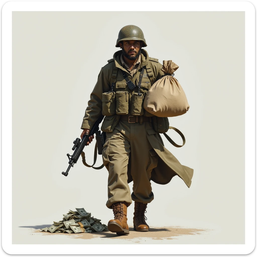 realistic detailed soldier walking and carrying a bag of cash sticker