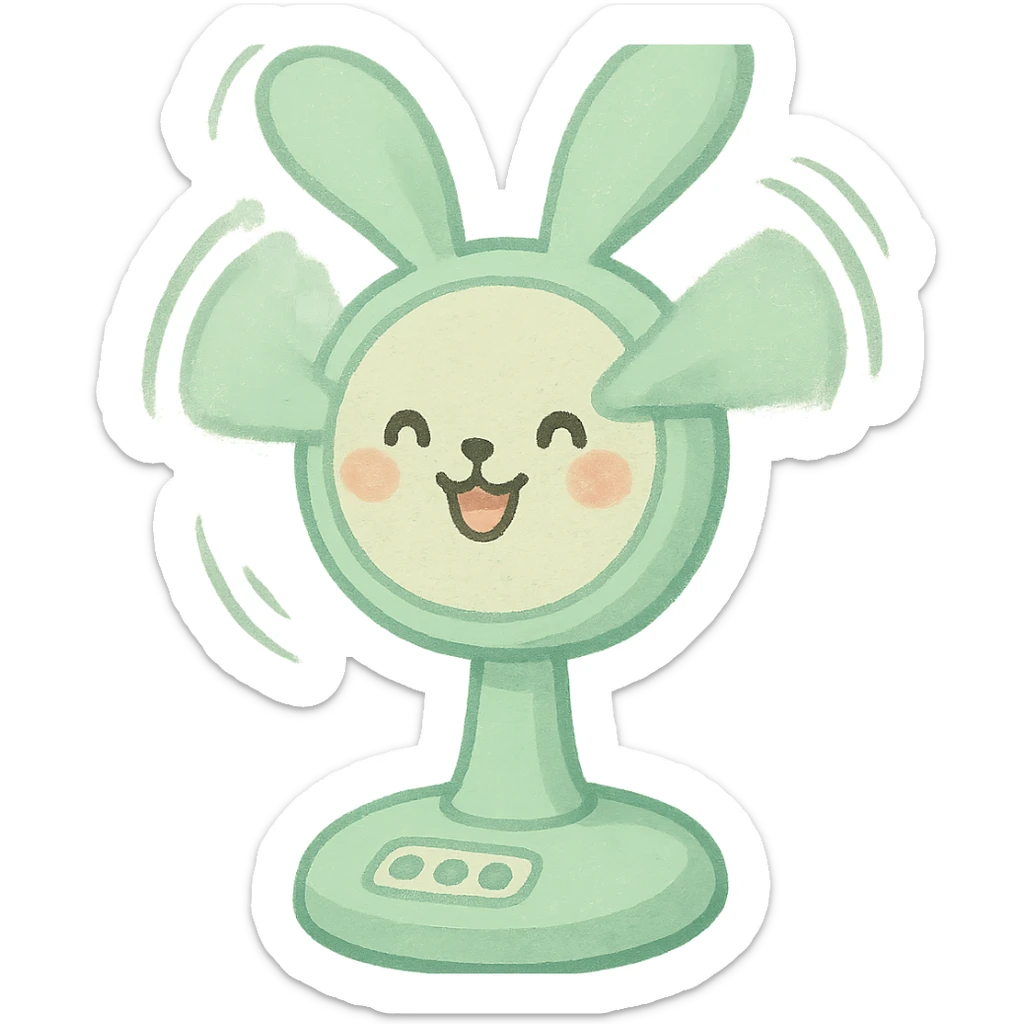 bunny electric fan, ears spinning like fan blades, cheerful face, pastel green, full-body sticker