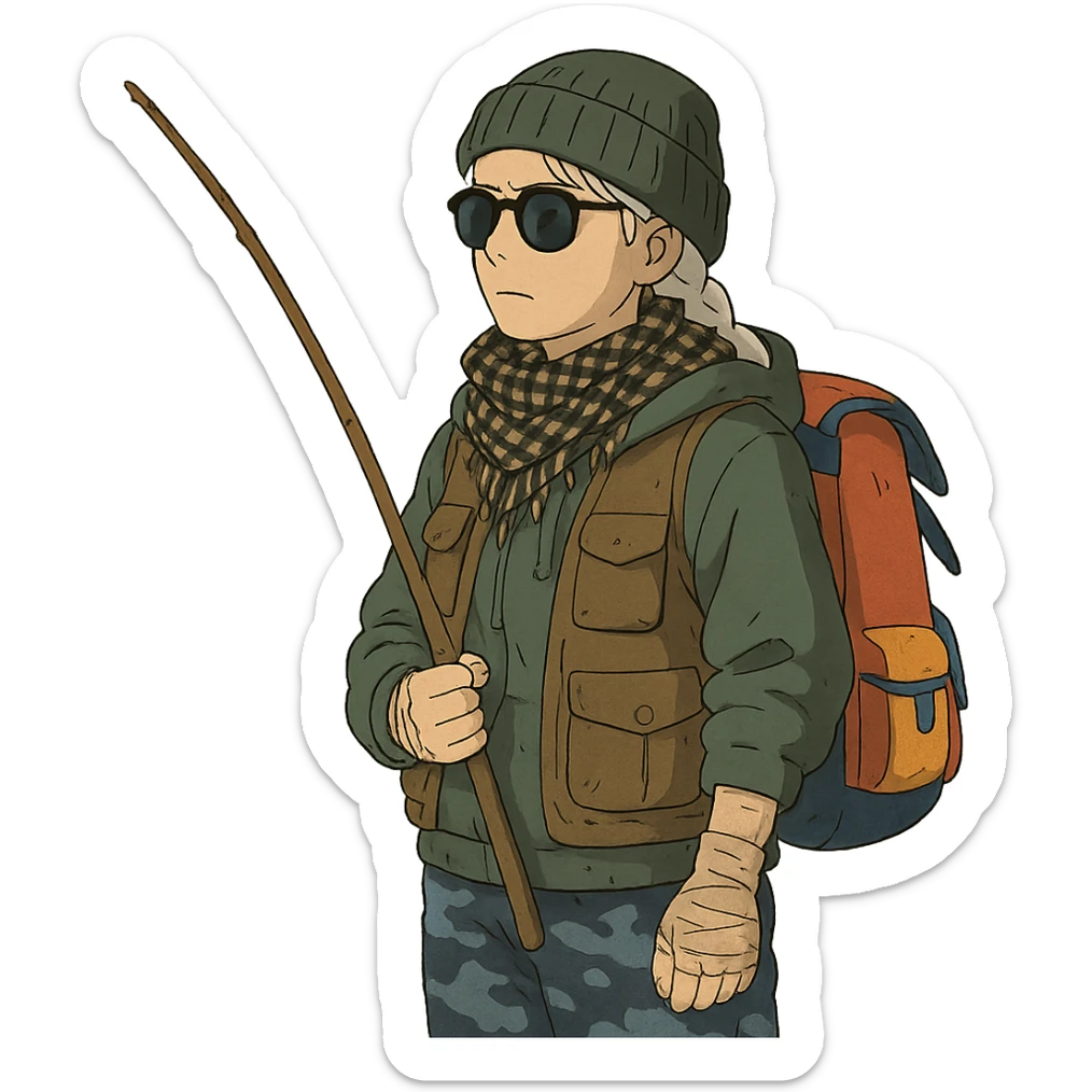 1 female, long white braid, knit cap, dark sunglasses, shemegh neckwrap, fishing vest, vibrant shool backpack, drab hoodie, handwraps, blue camo pants, holding a wooden stick fishing pole, unkempt, stoic sticker