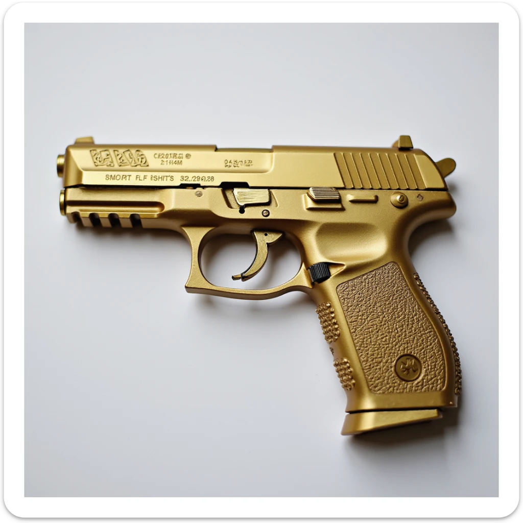 photorealistic gold pistol with a matte finish, no heart shapes or motifs, white background sticker