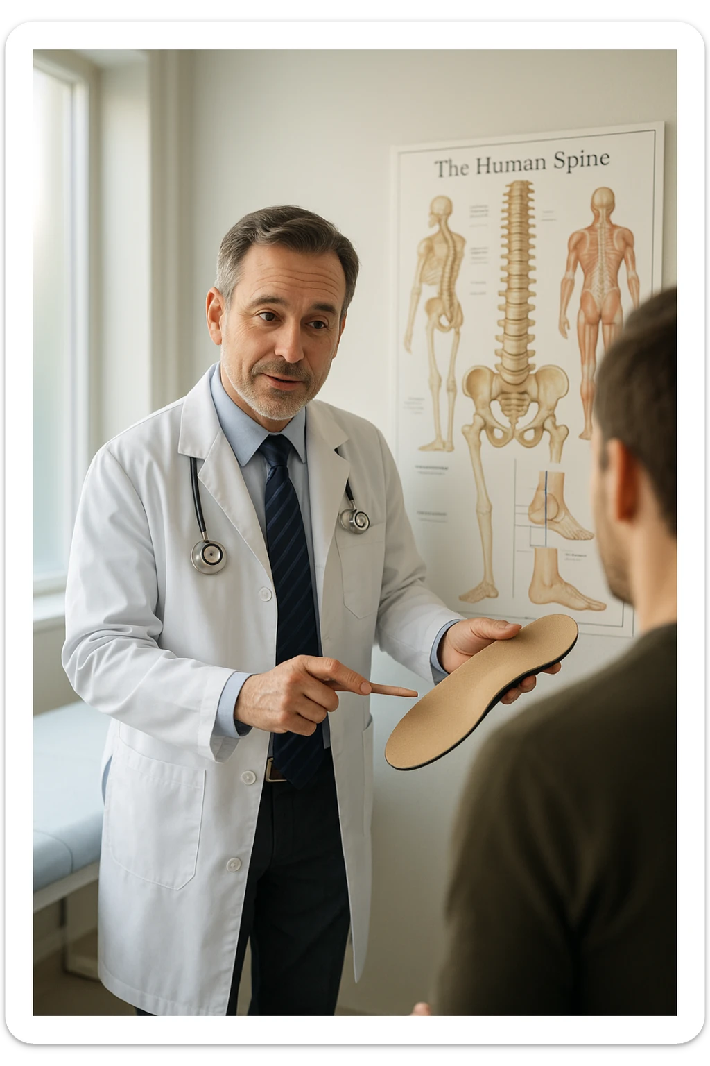 A realistic, cinematic illustration of a professional male doctor in his mid-40s, wearing a white coat, calmly explaining to a patient the benefits of using orthopedic insoles (plantari) for posture correction. The doctor holds a custom insole in his hand while pointing gently to a detailed anatomical poster showing the human spine, pelvis, and feet, illustrating the connection between foot alignment and posture. The setting is a bright, clean medical office with soft natural lighting, a treatment table, and educational anatomical charts in the background. The patient, seen from behind, listens attentively, while the doctor maintains a warm, knowledgeable expression, emphasizing preventive care and body alignment through plantar support. The scene feels trustworthy, modern, and health-focused. sticker