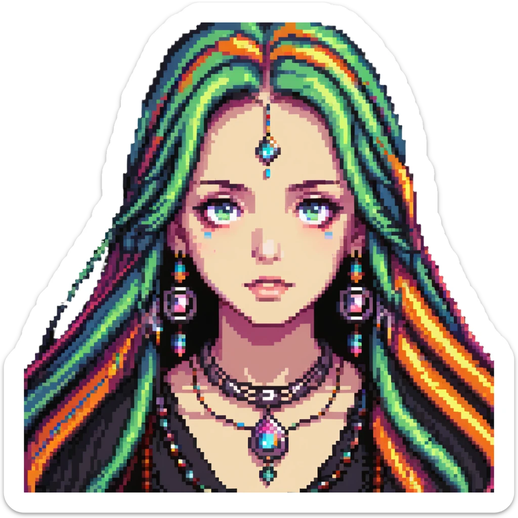 Beautiful girl with metal jewelry, colorful, long hair, dreamy expression sticker