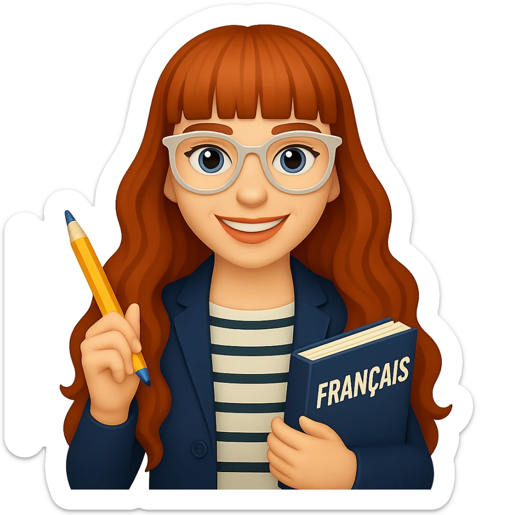 Add straight bangs to her hairstyle, keep her hair very long and wavy, clear-framed glasses, French teacher in a casual chic outfit, holding a pencil and a French textbook, smiling. The style should resemble emoji style. Remove background. sticker